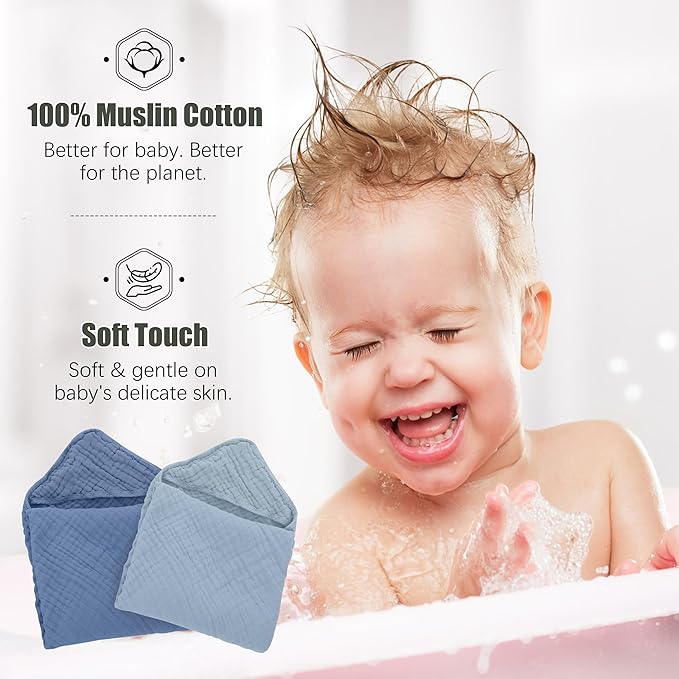 2 Pack Hooded Baby Towels - 100% Muslin Cotton for Newborns, Infants, Toddlers - Large 32x32 Inch Size - Highly Absorbent and Essential for Newborn Care, Light Navy