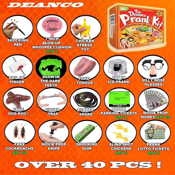 DEANCO Prank kit - 40 + Piece Set - Gags & Practical Joke Toys - Prank Stuff for April Fools - Ultimate Practical Jokes - Toys for Boys 8-10