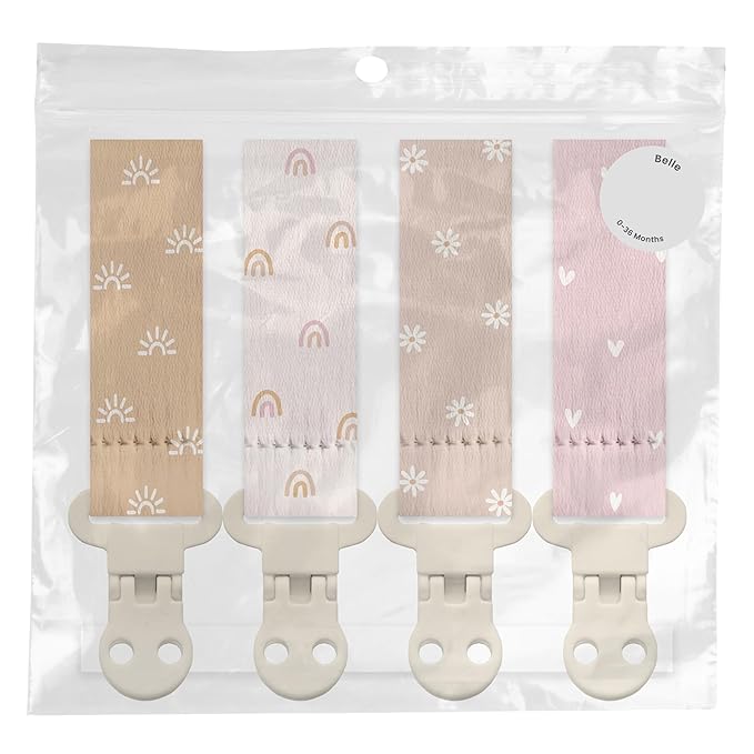 Stadela Baby Pacifier Clip Holder - Girl 4 Pack Gift Set - Boho Rainbow Suns Hearts Daisies Design (Belle)