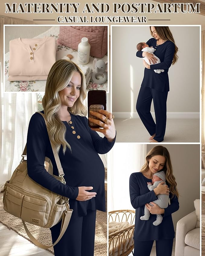 2 Piece Thermal Maternity Lounge Set Postpartum Pregnancy Fleece Loungewear Long Sleeve Top and Wide Leg Pant