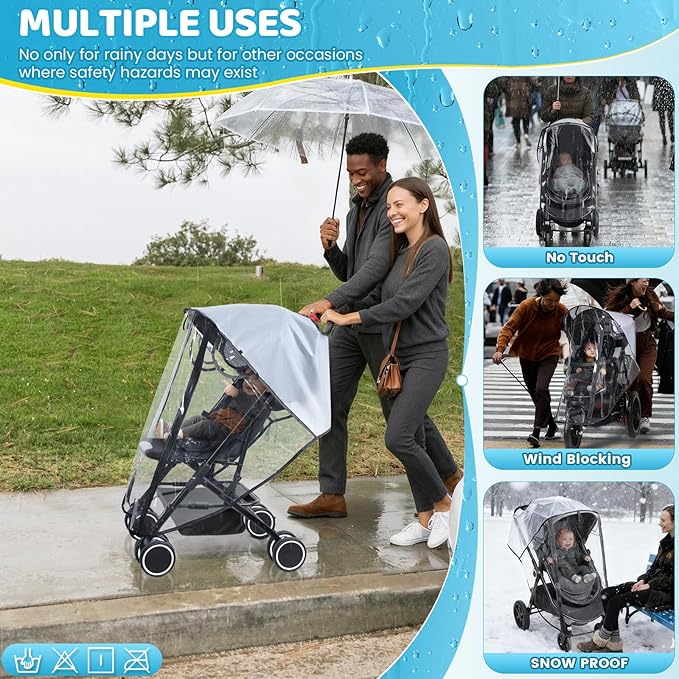 Clear Stroller Rain Cover, Universal Stroller Accessories, Waterproof Travel Weather Shield with Breathable Ventilation and Easy Access, Thick EVA & PVC Protect from Wind, Dust and Snow
