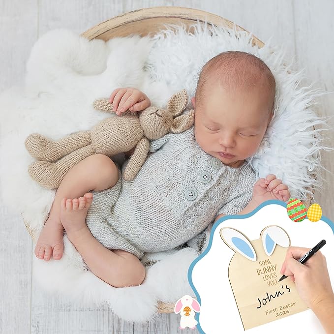 R HORSE DIY Baby's First Easter Footprint or Handprint Art Sign with Ink Pad, 3D Blue Bunny Wooden Milestone with Marker Pen, Baby 1st Easter Keepsake Craft Gift Nursery Photo Prop Baby Shower Baptism