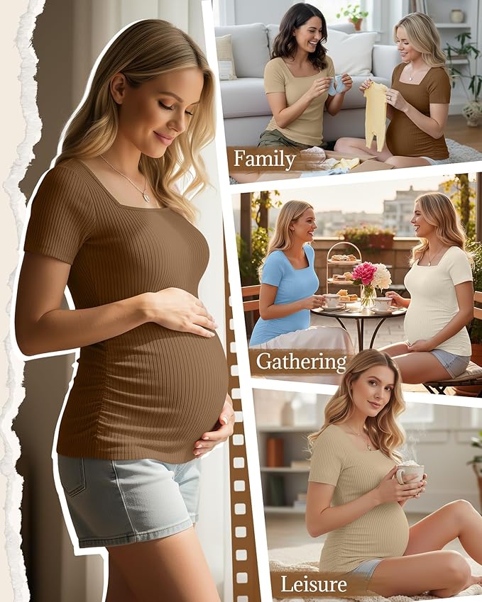 Huukeay 4 Pack Women's Maternity Shirts Cotton Ribbed Short Sleeve Square Neck Pregnancy Tops Side Ruched Summer Tee