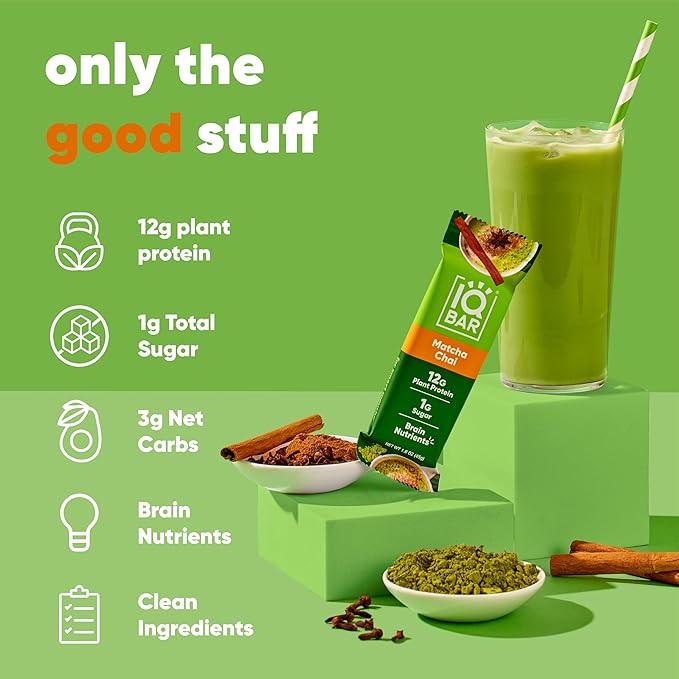 IQBAR Brain and Body Clean Plant Protein Bars - Matcha Chai - 24 Bars - Keto, Vegan, High Fiber, Gluten and Dairy Free, Low Sugar Snack with Nutrients for Focus, Energy, Meal Replacement