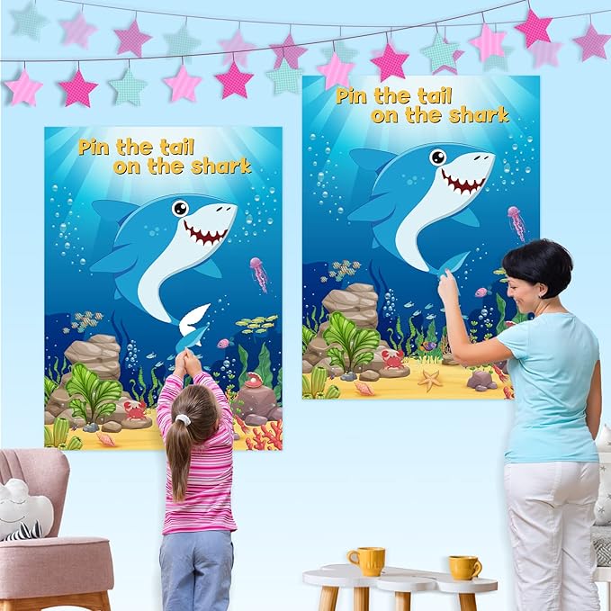 NEBURORA 2 Pack Pin The Tail on The Shark Party Game,2 Large 21"x 28" Posters with 48pcs Stickers for Multiplayer Shark Themed Birthday Party Supplies Decorations for Kids Boys Wall Home Decor