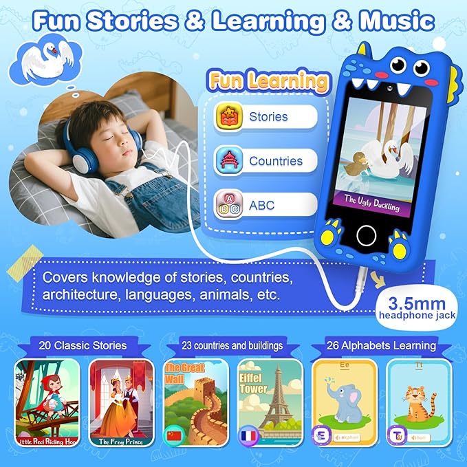 M SANMERSEN Dinosaur Kids Smart Phone for 3-6 Year Olds – 2.8" Touchscreen, Dual Camera, 28 Learning Games, MP3 Music Player, 32GB SD Card – Educational Toddler Phone Toy for Boys & Girls