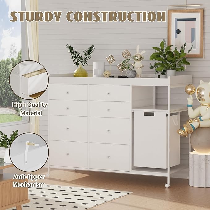 47.2" Nursery Dresser with 8 Drawers and Changing Table Top Baby Changing Station Dresser with 1 Open Shelf and 1 Laundry Hamper Diaper Changing Station Mobile Nursery Organizer,White