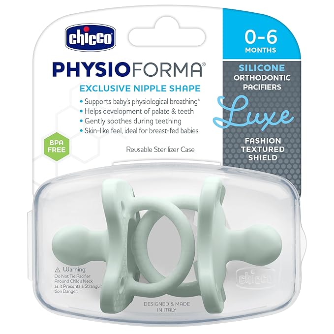Chicco PhysioForma Luxe Orthodontic Pacifier, 0-6m | 100% Soft Silicone | Supports Breathing & Oral Development | Textured Shield & Handle | Includes Sterilizing Case | BPA Free | Mint, 2pk