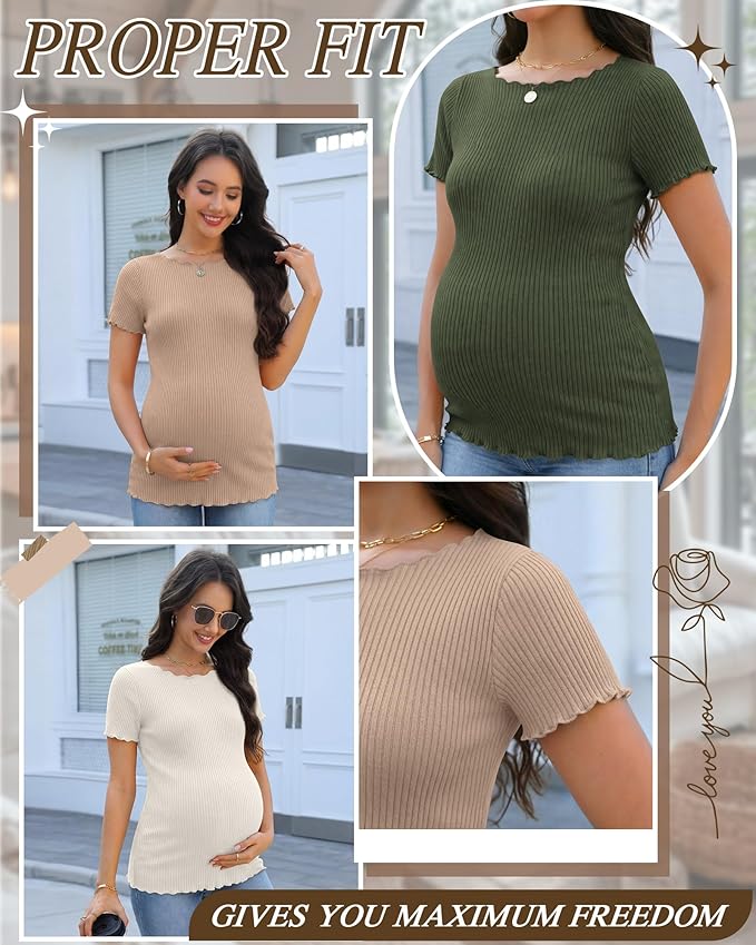 3 Pack Women's Maternity Ribbed Shirts Cotton Short Sleeve Pregnancy Tops Boat Neck Lettuce Trim Mama Clothes