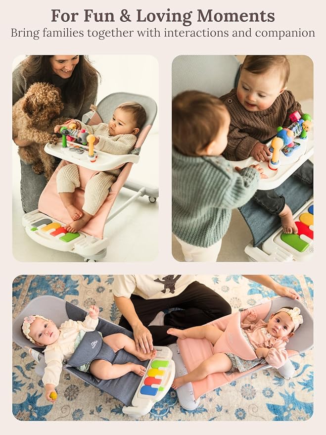 CuddoBaby Baby Bouncer 4-in-1 on Wheels |Detachable Pianos, Feeding Tray| 3-Level Recline Foldable Seat with Play Bar for Infant to Toddler 0-6, 0-12, 12-24 Months, Girl Gift Idea - Pink