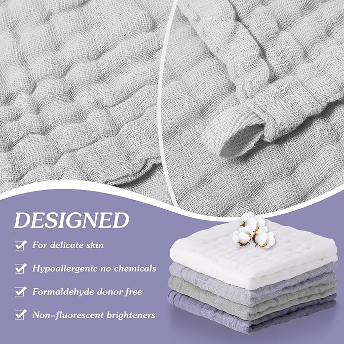 8 Pcs Baby Washcloths for Newborn 12 x 12 Inch Muslin Face Towels Cotton Absorbent for Delicate Skin Soft Muslin Cloth Reusable Baby Registry as Shower Gift, 4 Colors (Classic Color)