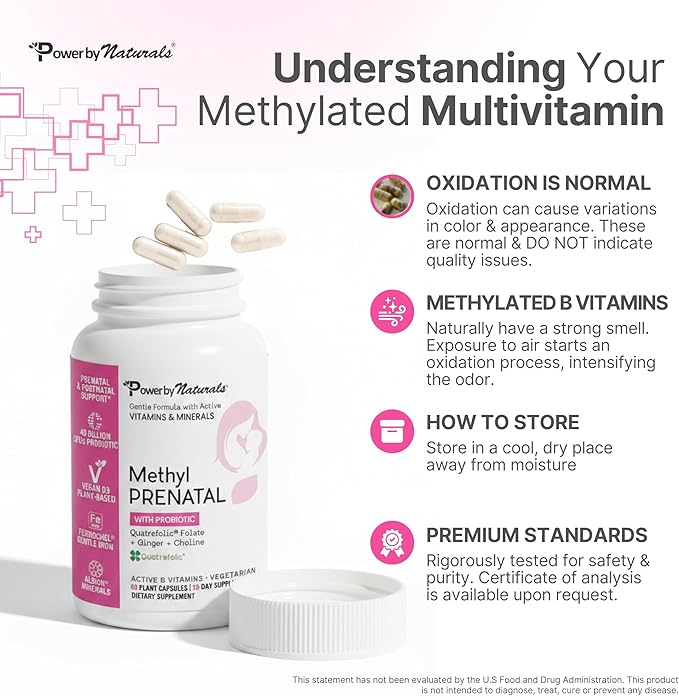 Power By Naturals Methyl Prenatal with Probiotics – Prenatal Vitamins for Women with Iron, Methyl Folate, Ginger, Active B12 & 27+ Essential Nutrients, Pregnancy Supplements, 60 Vegan Capsules