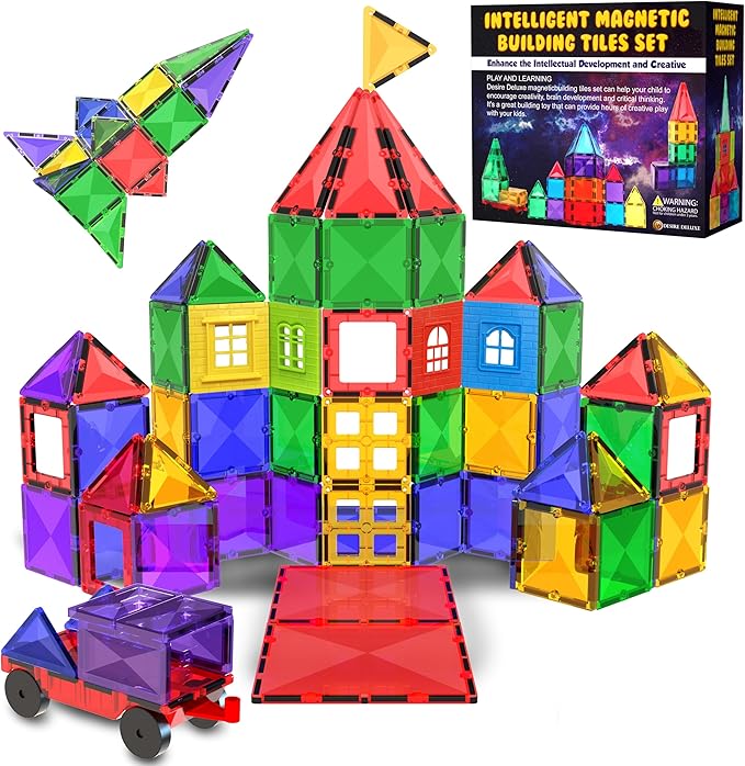 Magnetic Tiles Building Blocks Toy - STEM Educational Magnet Set for Kids, Creativity Preschool Learning Sensory Montessori Toddler Toys for Boys & Girls 3+ Years Old - 57PC