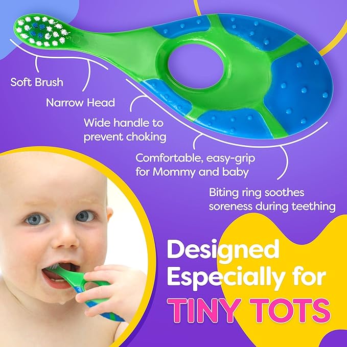 Baby Toothbrush 12 months and up - Toddler Toothbrush - Soft Bristles - Child Sized Brush Heads - infant toothbrush - Kids Tooth Brush - Easy Storage - BPA Free - Boy Set (4-Pack, Green, Orange, Blue)
