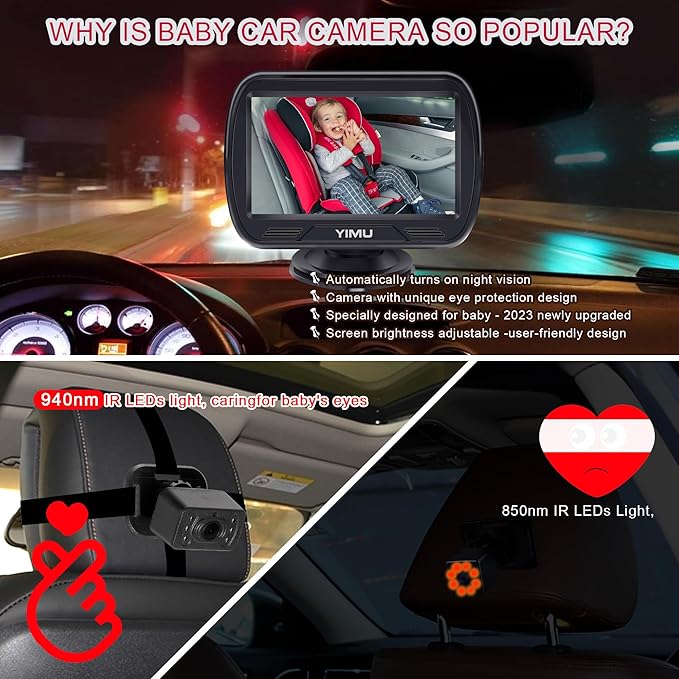 YIMU HD720P Rear Seat Baby Car Camera for Backseat, Car Headrest Quick-Install Monitor, Night Vision, 360° Rotatable car Camera for Baby with 4.3 inch car Baby Monitor (KB41)