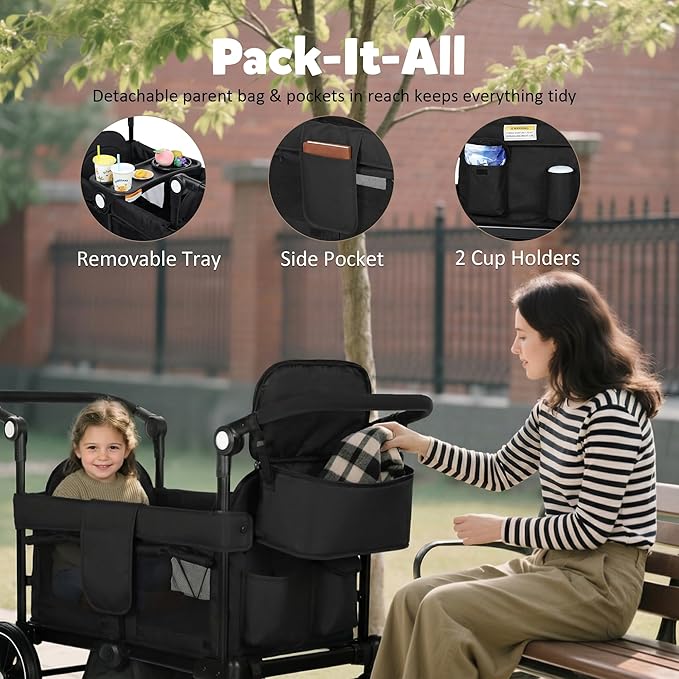 Wagon Stroller for 2 Kids, All-Terrain Stroller Wagon, Foldable Kids Wagon Cart Featuring with Harnesses, Adjustable Double Push Handle, Removable Canopy, Snack Tray, Large Storage Bag, Black
