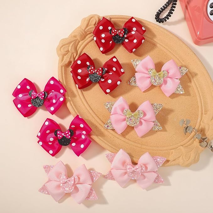 8PCS Mouse Ears Hair Bow Clips, 4 Inch Toddler Girls Polka Dot Hair Accessories, Birthday Party Decoration for Baby Toddler Girls