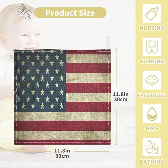YETTASBIN American Flag Muslin Baby Hand Washcloths, Soft Cotton Bath Face Towel, 4 Layers Extra Absorbent Feeding Burp Cloth for Newborn Infant, 3 Pack