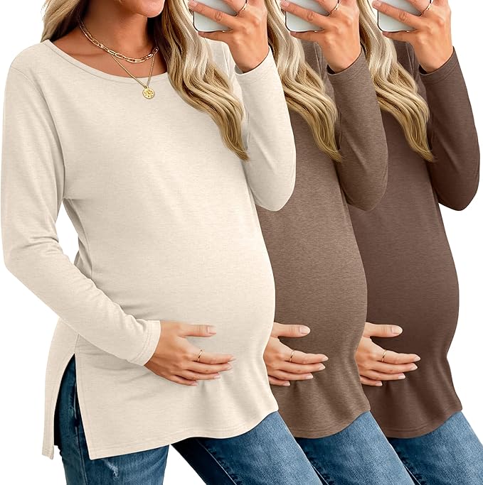Riyiper 3 Pack Women's Maternity Long Sleeve T-Shirts Round Neck Side Split Tops Loose Casual Pregnancy Mama Clothes Fall