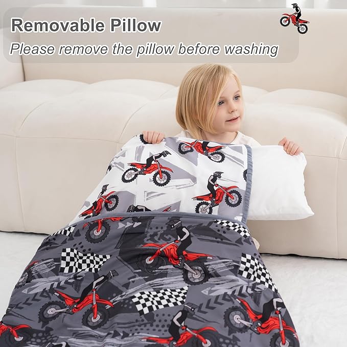 Viviland Toddler Nap Mat with Pillow and Minky Dot Blanket, Rolled Large Sleeping Mat for Boys, Kids Slumber Bag/Nap Mat for Preschool, Daycare, Kindergarten, Travel Camping - Cool Motocycle