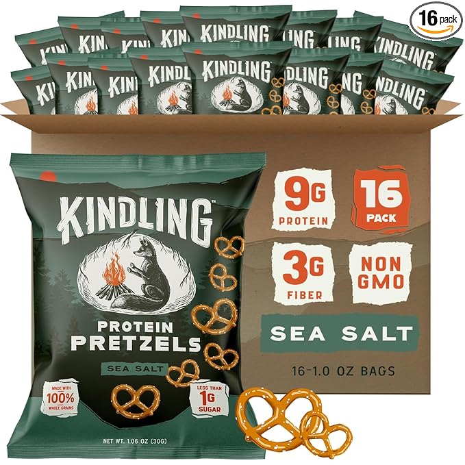 Kindling Protein Pretzels - Sea Salt | Protein-Packed Snack Size Bags | Kosher | 8-9g Protein Per Serving | No Artificial Flavors, Soy-Free | Lunches, Office Snacks, & On-the-Go | 16-Count (1.06oz Bags)