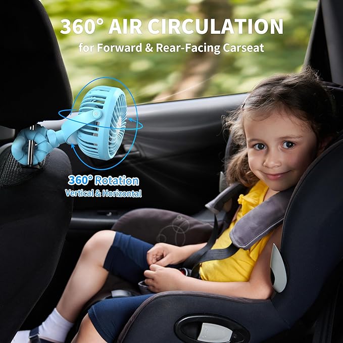 AMACOOL Battery Operated Stroller Fan, Baby Travel Essentials for Beach Disney, Newborn Boy & Girl Showers Gifts Registry Search, Flexible Tripod Clip On Fan for Car Seat Wagon Crib Bike Treadmill