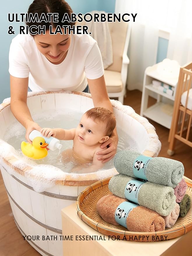 HIPHOP PANDA Baby Washcloths, Rayon Made from Bamboo - 2 Layer Ultra Soft Absorbent Newborn Bath Face Towel - Reusable Baby Wipes for Delicate Skin - Boho Earth Tones, 6 Pack