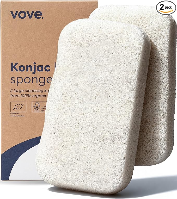 Vove Organic Konjac Body Sponges 2-Pack - Natural Full Body Exfoliating Shower Sponges, Gentle Plant-Based Cleansing for All Skin Types, Microplastic-Free Biodegradable, Certified Organic