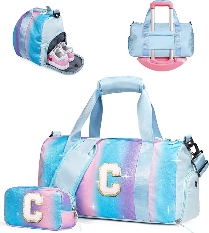 Gifts for 3 4 5 6 7 8 9 Year Old Girls-Girl Gym Bag with Shoe Compartment, Kid Personalized Weekender Overnight Bags, Initial Travel Tote with Makeup Pouch, Easter Gift for Teen (Letter C)