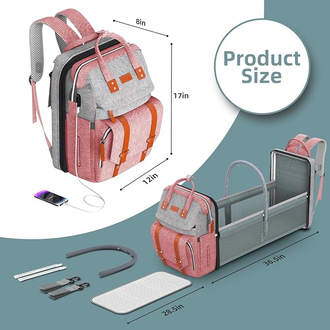 Diaper Bag Backpack with Changing Station, Large Diaper Bag, Baby Bag with Changing Station, Pink Diaper Bag, Pinkgray