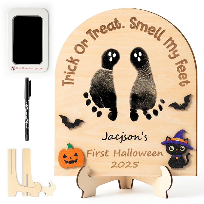 R HORSE DIY Halloween Footprint or Handprint Art Sign with Ink Pad, 3D Newborn Pumpkin Wooden Milestone with Marker Pen, Baby’s 1st Halloween Footprint Keepsake Craft Gift Baby Shower Nursery Decor