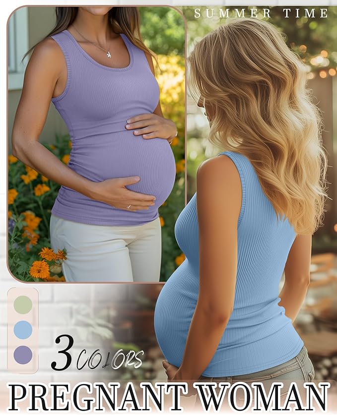Riyiper 3 Pack Women's Maternity Tank Tops, Sleeveless Cotton Pregnancy Shirts Ribbed Knit Sides Ruched Basic Mama Clothes