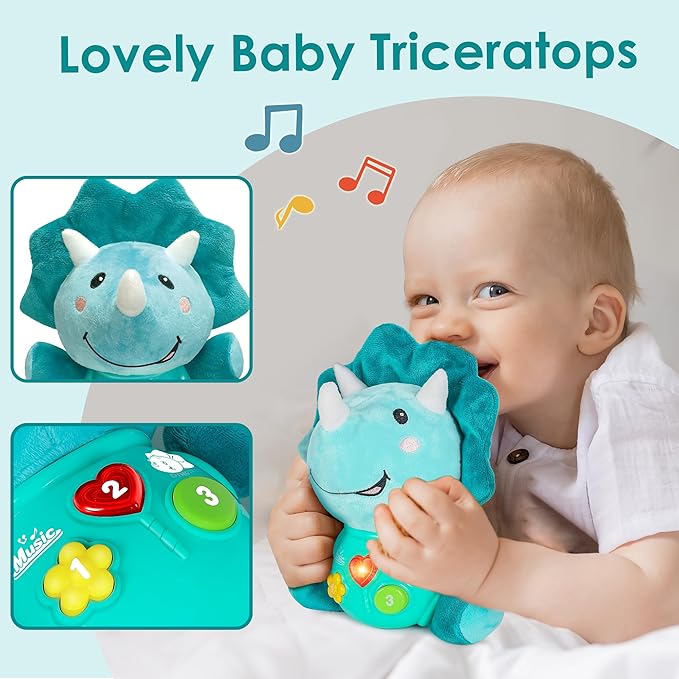iPlay, iLearn Baby Dinosaur Musical Toys, Newborn Boys Gift, Soft Dino Plush Stuffed Animal, Infant Light Music Time, 1st Valentine's Easter Basket Stuffer 0 1 2 3 6 9 12 18 Month 1-3 Yrs Toddler Girl