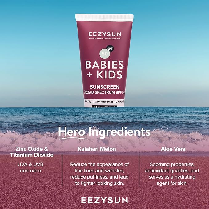 SPF 50 Mineral Sunscreen for Kids & Babies - Non-Greasy, Water Resistant, Gentle for Sensitive Skin Baby Sunscreen with Aloe Vera - Cruelty-Free - Sun Protection for Face & Body - 3.3 fl oz