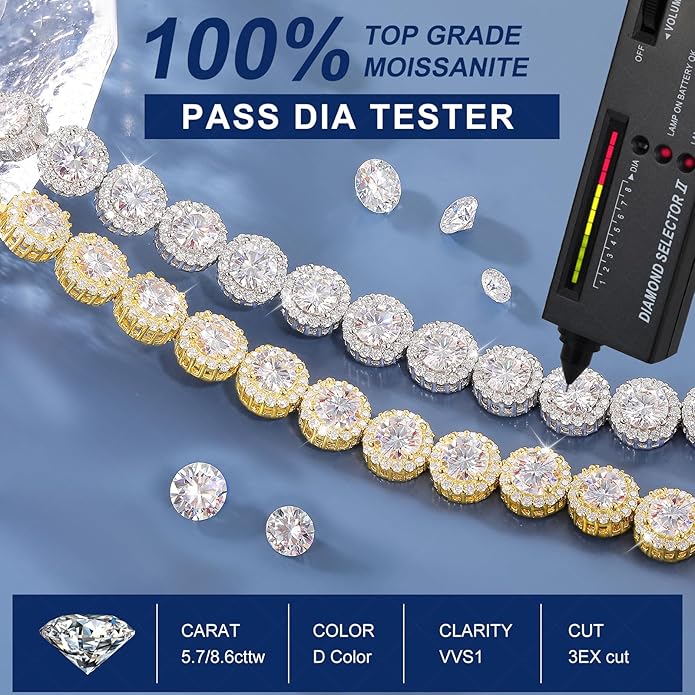Moissanite Halo Bracelet 4.9CT-8.0CT Lab Grown Moissanite Bracelet for Women 18K White Gold Plated S925 Sterling Silver Adjustable Tennis Bracelet 5MM/7.5MM Iced Out Bracelets Cluster Jewelry