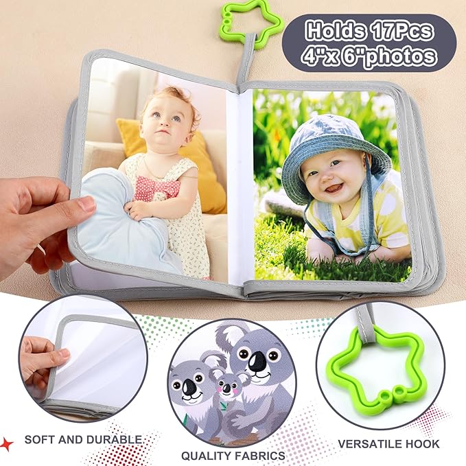Baby Photo Album Holds 17 4x6 Pictures My First Soft Cloth Family Photo Book with Name Tag Stickers Fabric Kid Memory Keepsake Gift for Newborn Toddler Boy Girl Baby Shower(Gray Koala)