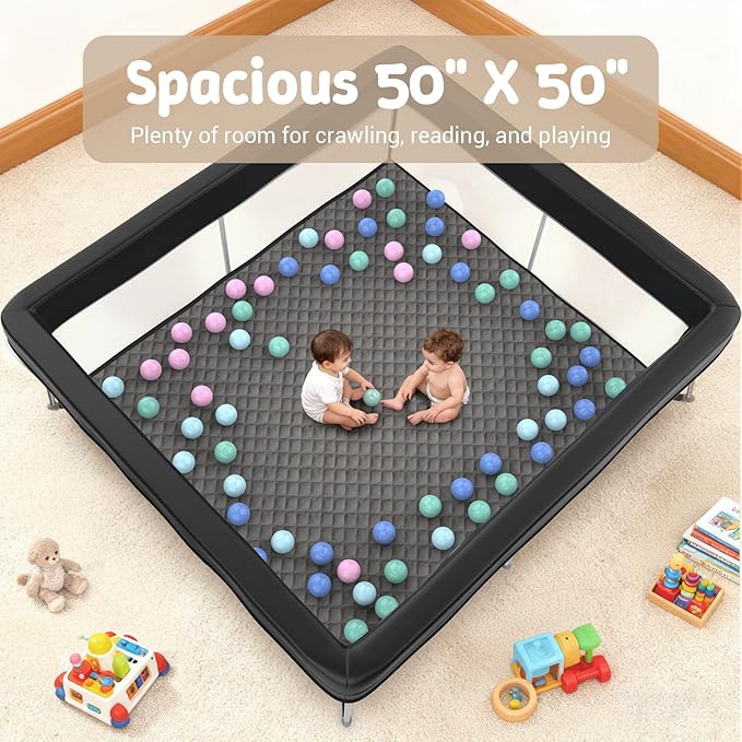 Foldable 50x50 Playpen, Portable Baby Playpen for Babies & Toddlers, Quick Fold Safety Play Yard with Balls, Pull Rings & Carry Bag, Indoor & Outdoor, Black