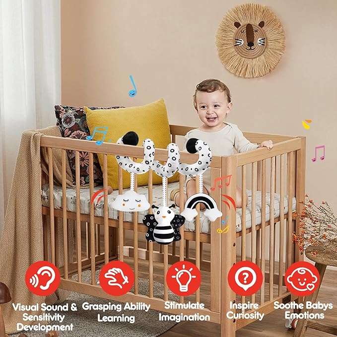 Baby Spiral Hanging Stroller and Car Seat Toys Black and White High Contrast Sensory Toy Newborn Plush Activity Toys Party Favors Quality Gifts for Baby Shower Valentine's-BEE