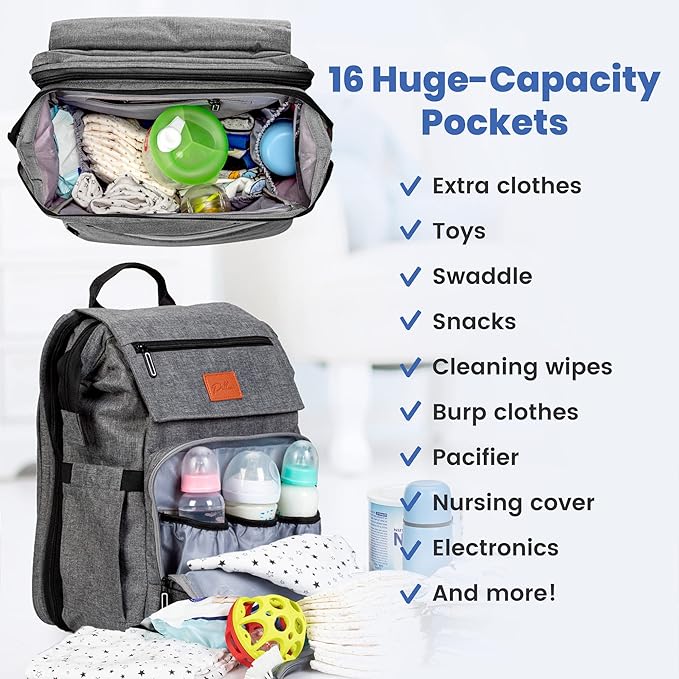 PILLANI Baby Diaper Bag Backpack - Large Bag for Boys & Girls, Waterproof Diaper Backpack - Travel Diaper Bags w/Changing Pad, Baby Registry Search & Shower Gifts - Essentials Must Haves Newborn Stuff