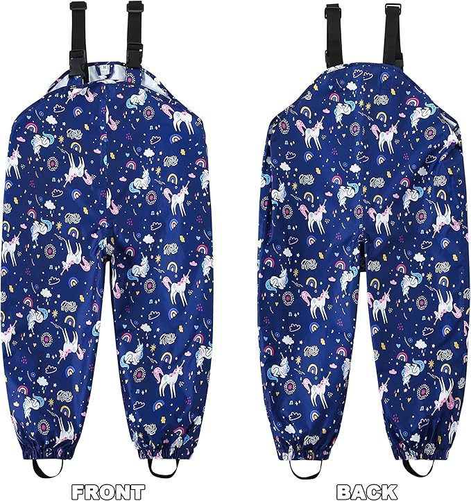Toddler Waterproof Rain Bib Pants, Girls Rain Pants Kids Cartoon Rain Trousers Lightweight Mud Pants Rainwear