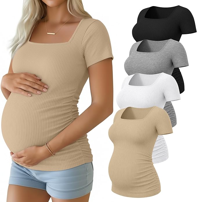 Huukeay 4 Pack Women's Maternity Shirts Cotton Ribbed Short Sleeve Square Neck Pregnancy Tops Side Ruched Summer Tee