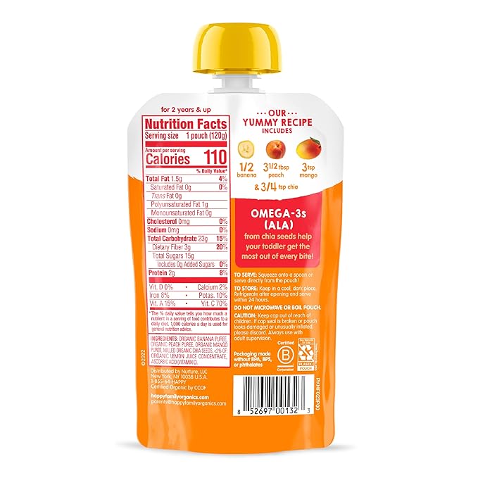 HAPPYTOT Organics Stage 4 Baby Food Pouches, Gluten Free, Vegan Snack, SuperFoods Fruit & Veggie Puree, Bananas, Peaches, Mangos & Chia, 4.22 Ounce (Pack of 16)