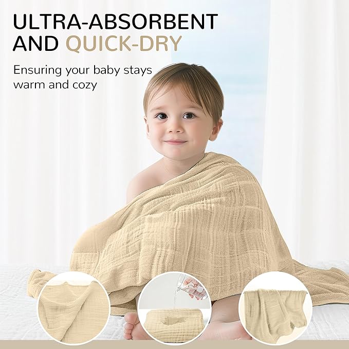 Muslin Hooded Baby Towels, 3 Pack Cotton Baby Bath Towels with Hood for Newborn, Babies, Infant, Toddler, Soft and Absorbent Baby Shower Towel Newborn Essential (35 X 35 Inch) (Green + Grey + Apricot)