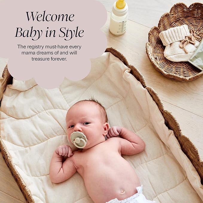 BEBE BASK Premium Baby Changing Basket - Artisan-Crafted Scalloped Rattan - Changing Basket for Baby Dresser - All Accessories Included - Complete Set for Nursery (Mocca)