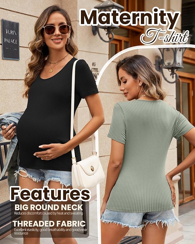 Neer 3 Pack Women's Ribbed Maternity Tops Pregnancy Round Neck Shirts Short Sleeve Soft Maternity Clothes for Mama