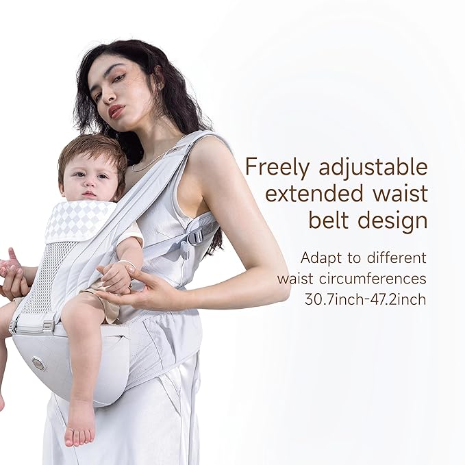 HBR Ergonomic Baby Carrier with Hip Seat, 6-in-1 Front Facing Infant & Toddler Carrier, Innovative Air-Padded Shoulder Strap, Hands-Free, Supports 45 lbs, Fits Waist up to 47in, Silver Mist White