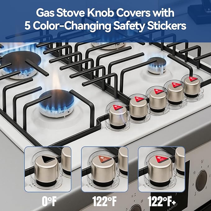 Stove Knob Safety Covers, 5Pcs Fits 90% Oven/Stove 5 Heat Alert Stickers Oven Knob Covers for Child Safety, 2nd Gen Kitchen Burner Childproofing, Gas Stove Knob Locks for Kid Baby Pet (Clear)