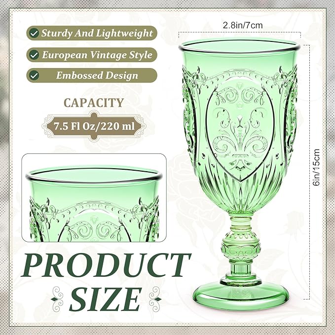 24 Pcs Plastic Goblets 7.5oz Vintage Goblet Plastic Wine Glasses Colored Retro Embossed Water Goblets for Wine Bar Juice Baby Shower Wedding Reception Grand Event Party (Green)