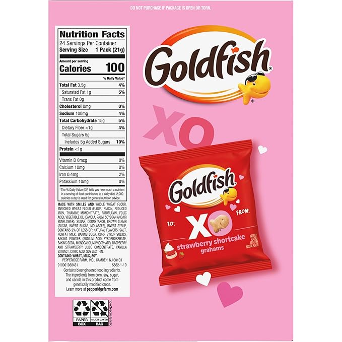 Goldfish Valentine's Day Strawberry Shortcake Flavored Baked Graham Snacks, 24 Count 0.75 Oz
