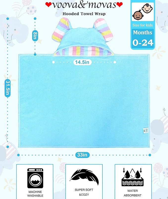 Luxury Light Blue Baby Hooded Bath Towel-100% Cotton,500GSM,33x31.5 Inches,0-2Years,Super Absorbent Large Towel with Cute Elephant Ears Hood for Newborn,Infant Shower Gift,Baby Essentials,Light Blue
